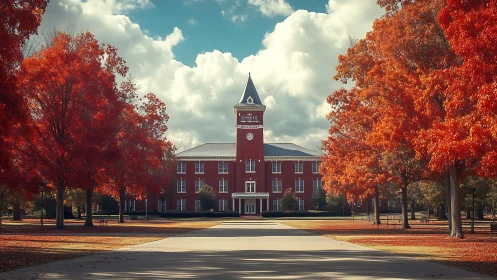 Red brick academic building framed by autumn foliage.