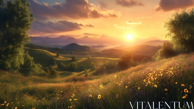 Golden hills at sunset wrapped in wildflower daydreams.
