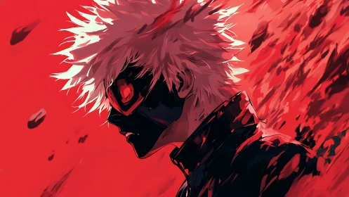 Side profile shows masked figure amid dense red motion field