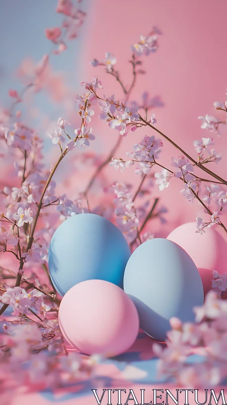 Pastel Easter eggs among cherry blossoms on pink surface.