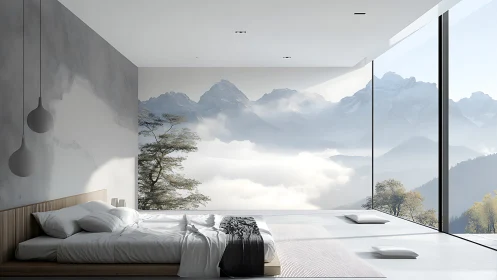 Minimalist mountain-view bedroom with panoramic glazing.