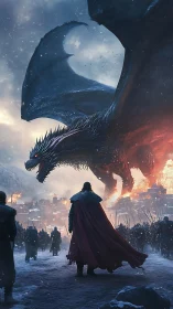 Dragon dominates burning siege under winter storm sky.