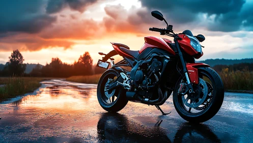 Red sport motorcycle stands on wet rural road at sunset