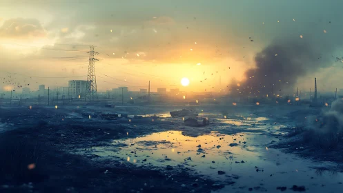 Industrial wetland at sunset with smoke and power lines.