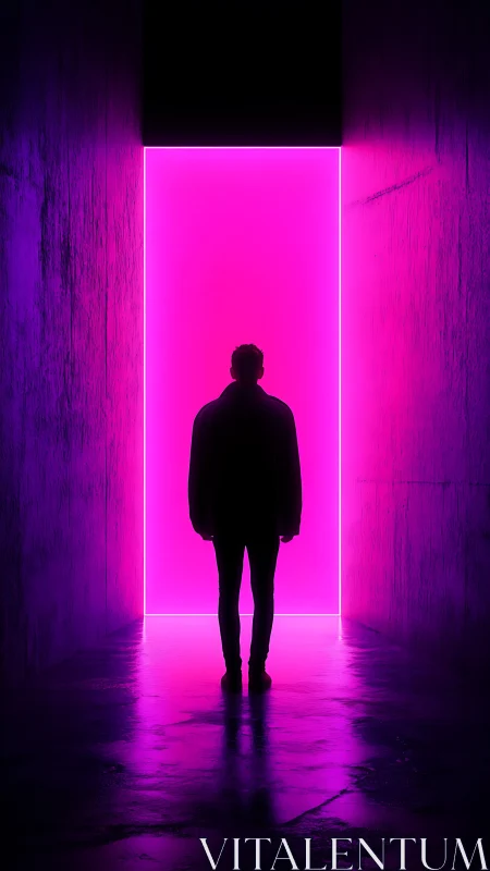 Silhouette stands before neon magenta doorway in dark corridor