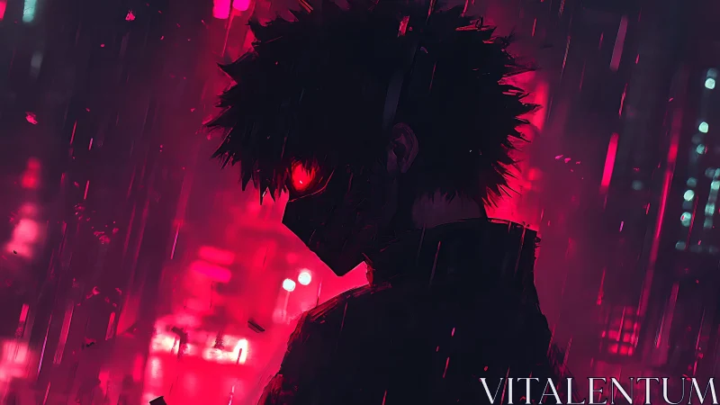 Silhouetted masked figure stands in neon-lit urban rain