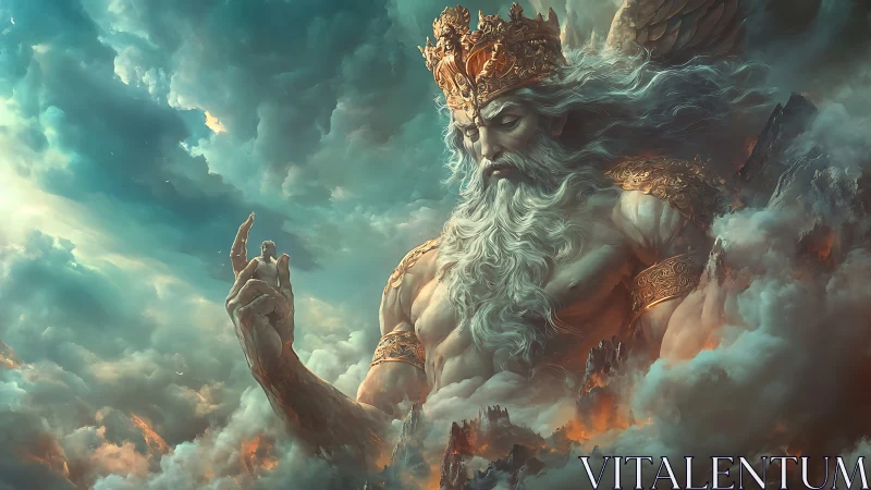 Majestic sky god resting among swirling golden clouds.