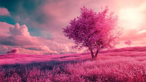 Pink tree in stylized meadow under expansive clouded sky.