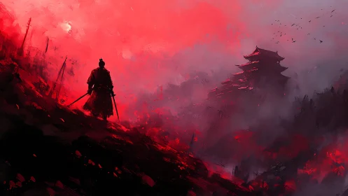 Lone samurai crosses burning slope toward shrouded fortress.