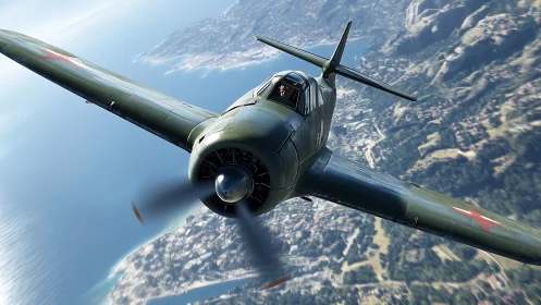 WWII fighter aircraft banking over coastal landscape. Period.