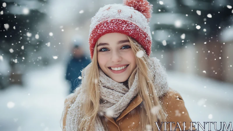Young woman in red winter hat amid falling snow outdoors.