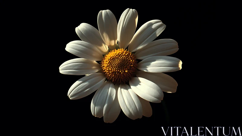 White Daisy with Golden Yellow Center on Black Background