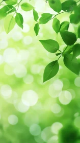 Sunlit green leaves drift above soft bokeh glow.