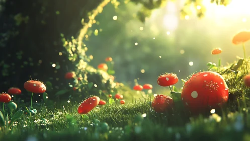 Red mushrooms on forest floor under diffuse sunlight.