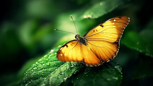 Orange butterfly rests on wet green leaf in sharp close-up
