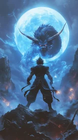Warrior meets moonlit dragon in a storm of blue fire.