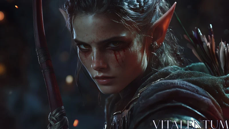 Elf archer portrait shows focused glare and battle wear