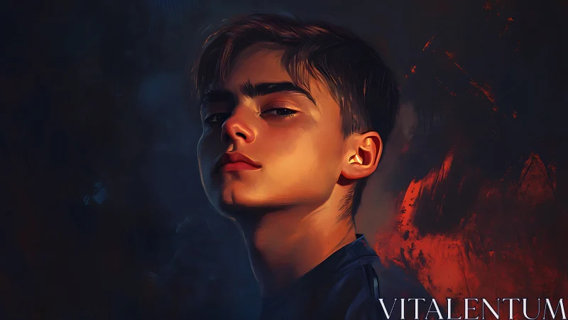 Boy portrait shows side-lit face against dark red background