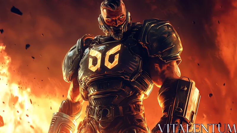 Armored inferno trooper standing amid erupting flames.