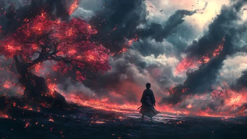 Solitary figure near burning tree under dense firelit sky.