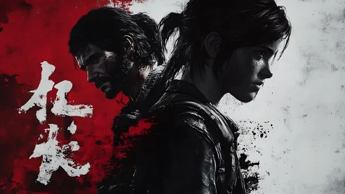 Two game characters in stark red and white split portrait.