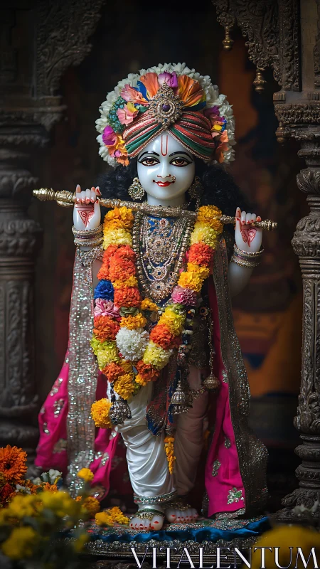 Statue of adorned Hindu deity stands in ornate temple niche