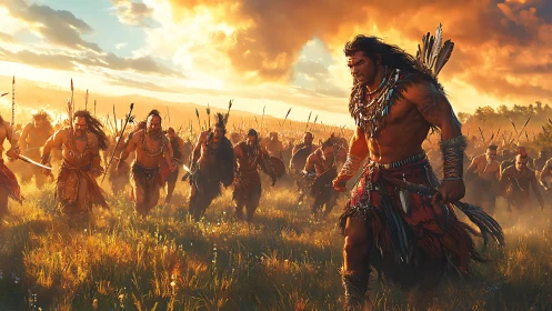 Warriors advance across grassy plain under low sunset cloud