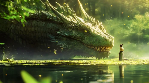 Warrior meets colossal forest dragon beside glowing lake
