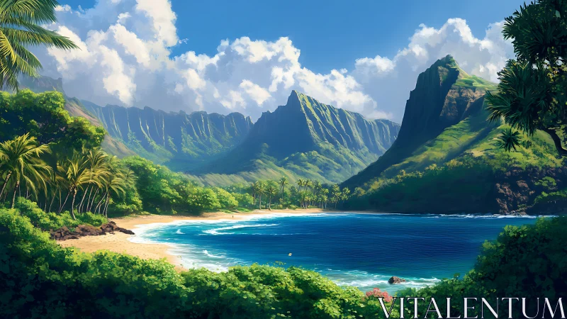 Hawaiian Valley Paradise. Towering Cliffs Frame Pristine Beach.