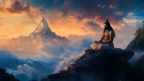 Seated figure meditates on rocky ledge facing distant peak