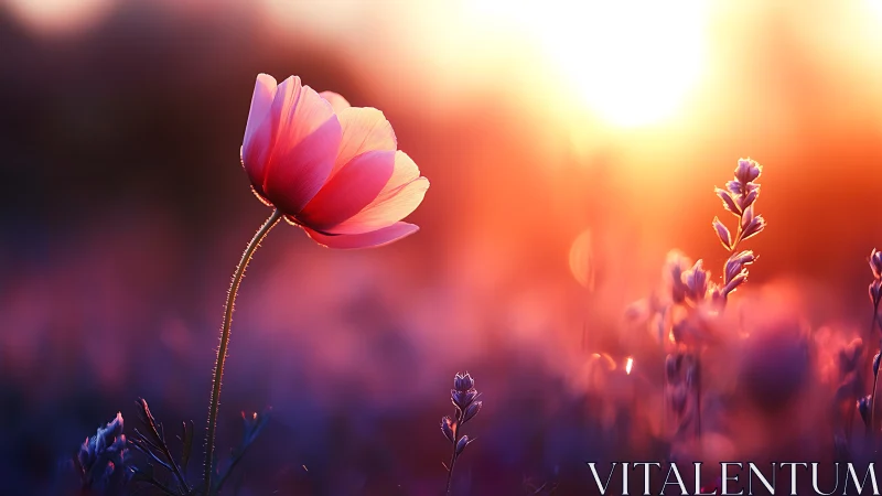 Pink Cosmos Flower Glowing in Golden Sunset Light