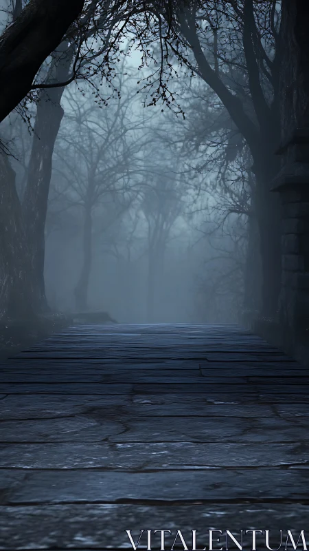 Misty stone path vanishing into eerie twilight forest.