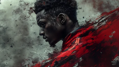 Storm-charged runner dissolving into red battle brushstrokes.