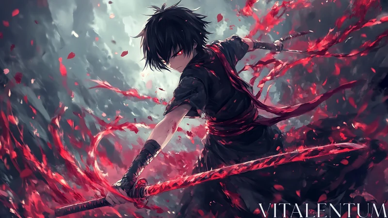 Bloodlit anime swordsman channels swirling crimson power.