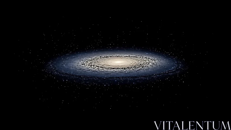 Rendered spiral galaxy disc floats in dark empty space