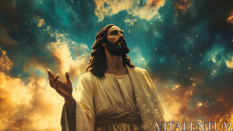 Celestial robed figure under luminous nebula sky, gazing upward