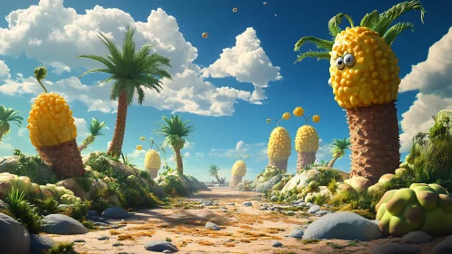 Whimsical desert lined with cartoon pineapple palm hybrids