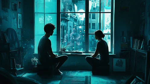 Neon Urban Silhouettes: Two Figures Contemplating Cyberpunk Cityscape.