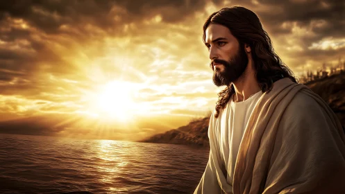 Serene robed figure beside glowing sunset over the water.