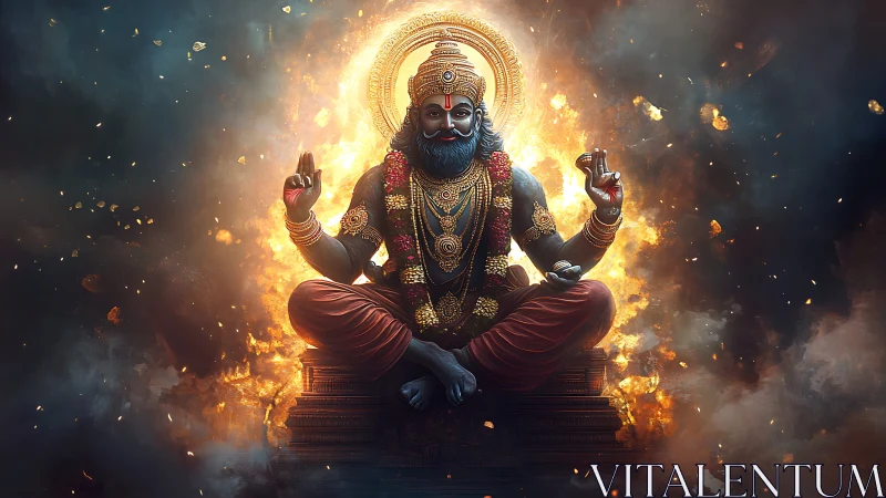 Seated deity figure with ornate gold halo and fiery backdrop.