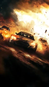 Rally cars drift through explosive firestorm and debris field.