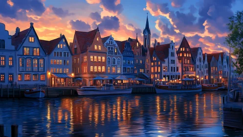 Harborfront town glows under vivid sunset reflections.