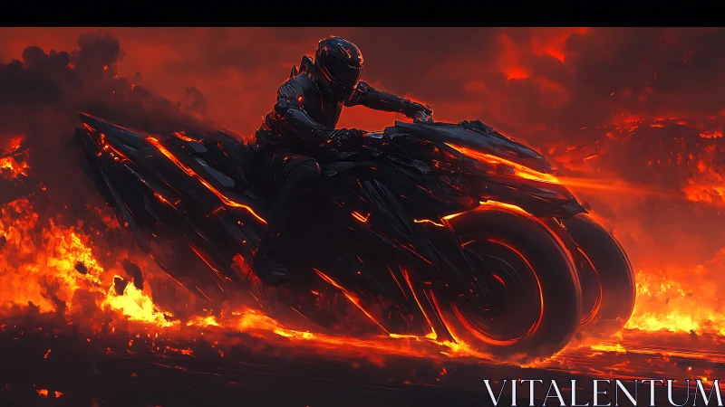Futuristic armored rider on multi wheel bike in lava field.