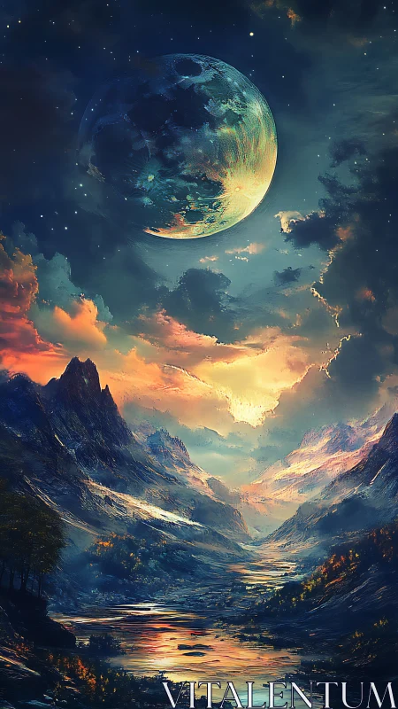 Surreal mountain valley under large glowing planet sky.