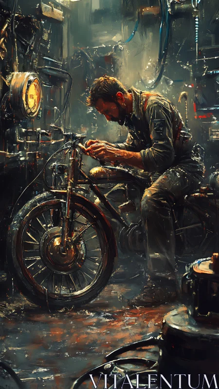 Quiet grease and golden light in a backroom bike workshop.