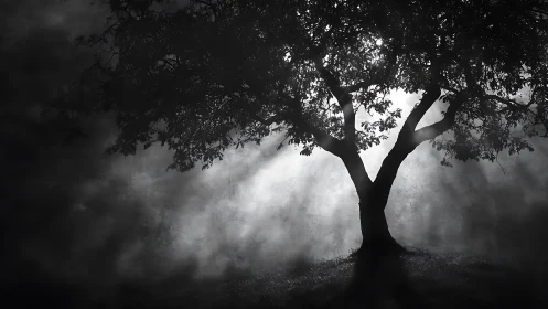 Solitary tree in fog with strong backlit sunrays.