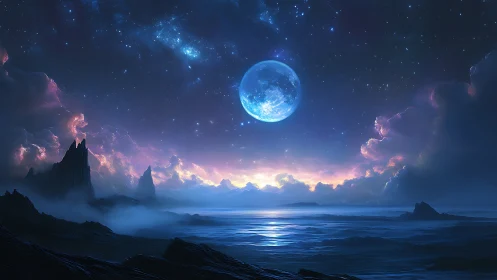 Moonlit alien shoreline welcomes a dreamy cosmic sunrise