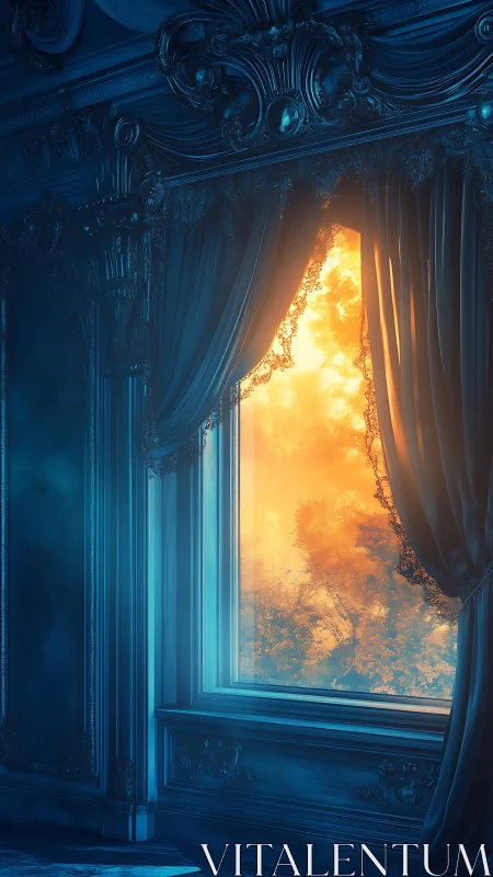 Twilight curtains negotiate firelit clouds beyond the window