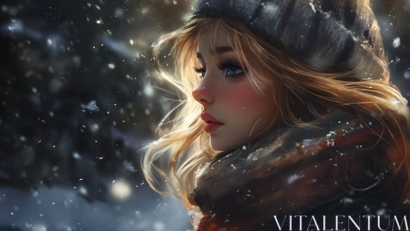 Profile view of young woman in snowy outdoor environment.