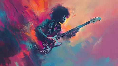 Electric guitarist in neon abstraction with dynamic brushwork.